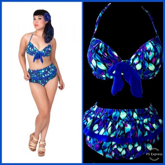 Tatyana Beach Bash Retro High-Waisted 2 Piece Swimsuit Ruffled Skirt Medium NWT - Picture 2 of 8